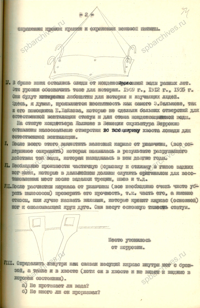 Записка скульптора М.К. Аникушина о реставрации и дальнейшем наблюдении за состоянием Медного всадника. 22 июля 1976 г. ЦГАНТД СПб. Ф. 488. Оп. 3-21. Д. 36. Л. 53-57.