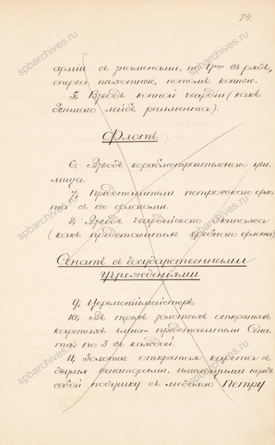 Доклад комиссии по организации празднования 200-летия со дня рождения Петра I о программе праздничных мероприятий. Пометы императора Александра II. 9 марта 1872 г. РГИА. Ф. 1275. Оп. 1. Д. 106. Л. 67-78.