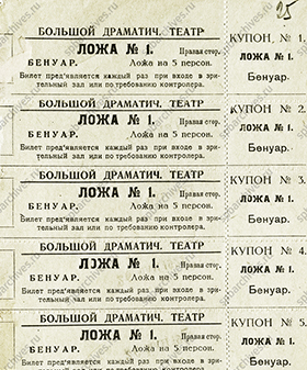 Билеты на посещение Большого Драматического театра. 26 мая 1923 г. ЦГА СПб. Ф. 1000. Оп. 6. Д. 224. Л. 25-25об.