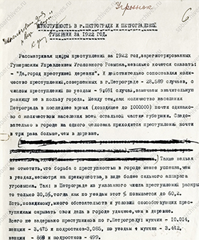 Докладная записка Уголовного розыска ОУПГИ об уровне преступности в Петрограде и губернии. 23 января 1923 г. ЦГА СПб. Ф. 1001. Оп. 106. Д. 281. Л. 6-7.