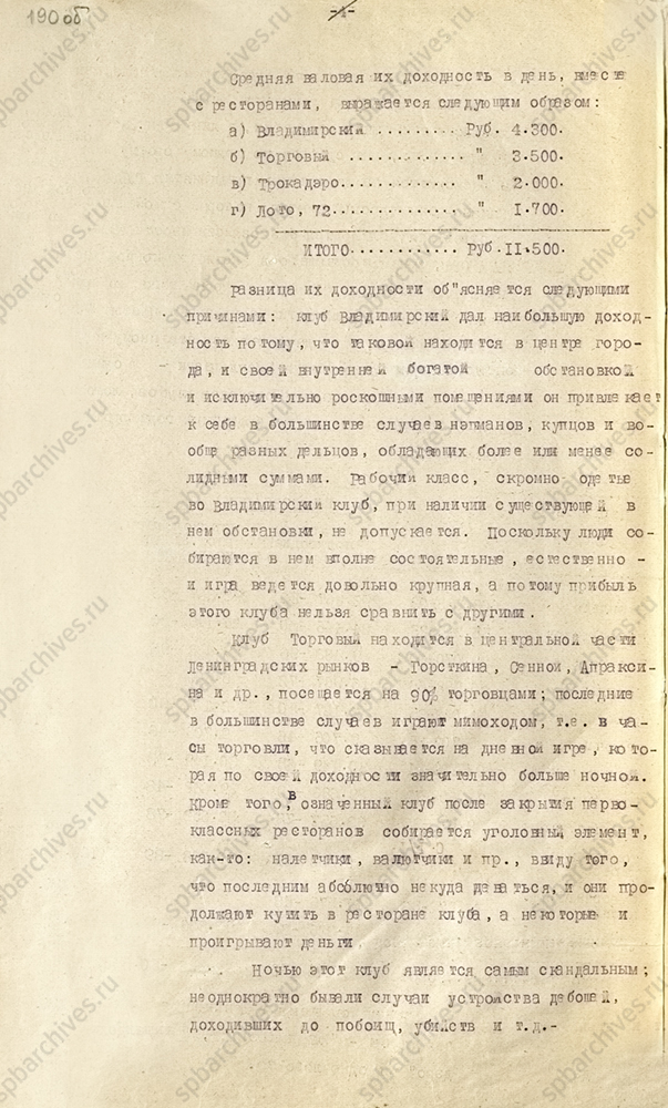 Докладная записка ОГПУ об игорных клубах и лото в Ленинграде. 7 июня 1926 г. ЦГА СПб. Ф. 1000. Оп. 85. Д. 2. Л. 189-191 об.