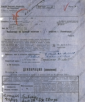 Налоговая декларация рабочего И.В. Базыкина. 15 ноября 1929 г. ЦГА СПб. Ф. 1963. Оп. 179. Д. 417. Л. 69 – 72об.