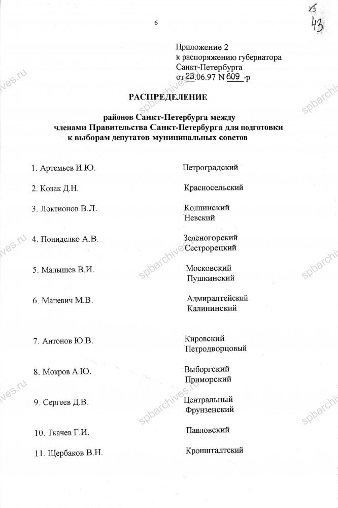 Распоряжение Губернатора Санкт‑Петербурга В.А. Яковлева от 23.06.1997 № 609‑р «Об организации выборов органов местного самоуправления в Санкт‑Петербурге 28 сентября 1997 года». ЦГА СПб. Ф. 8105. Оп. 4. Д. 414. Л. 38‑44.