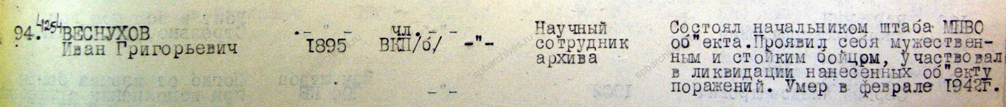 Личная карточка и наградная характеристика И.Г. Веснухова. 1943 г. ЦГА СПб. Ф. 7384. Оп. 38. Д. 800. Л. 734