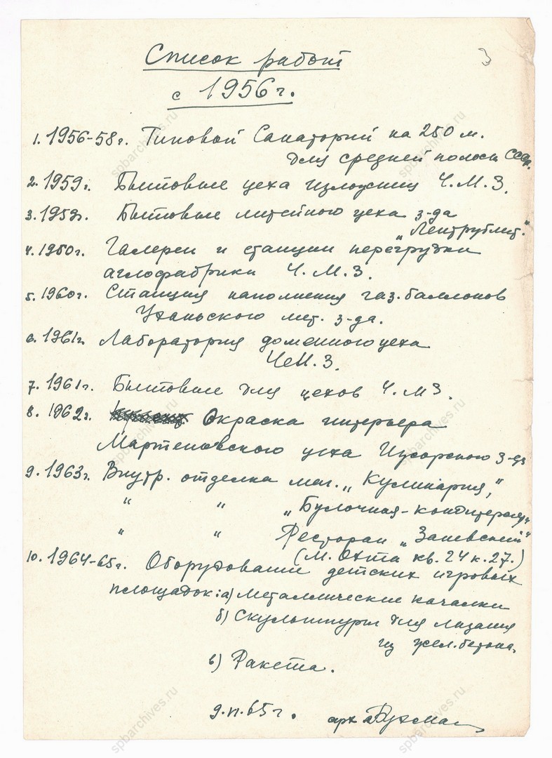 Список работ И.Г. Бухман с 1956 г. 9 июня 1965 г. Подлинник, рукопись. ЦГАЛИ СПб. Ф. Р 341. Оп. 11. Д. 15. Л. 3