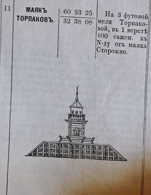 Торпаковский маяк в брошюре 1890 года Министерства путей сообщения "Описание маяков, башен и знаков озер Ладожского, Онежского, Ильменского и Сайменских озер" Ф. 921. Оп. 95. Д. 230. Л. 16 об.