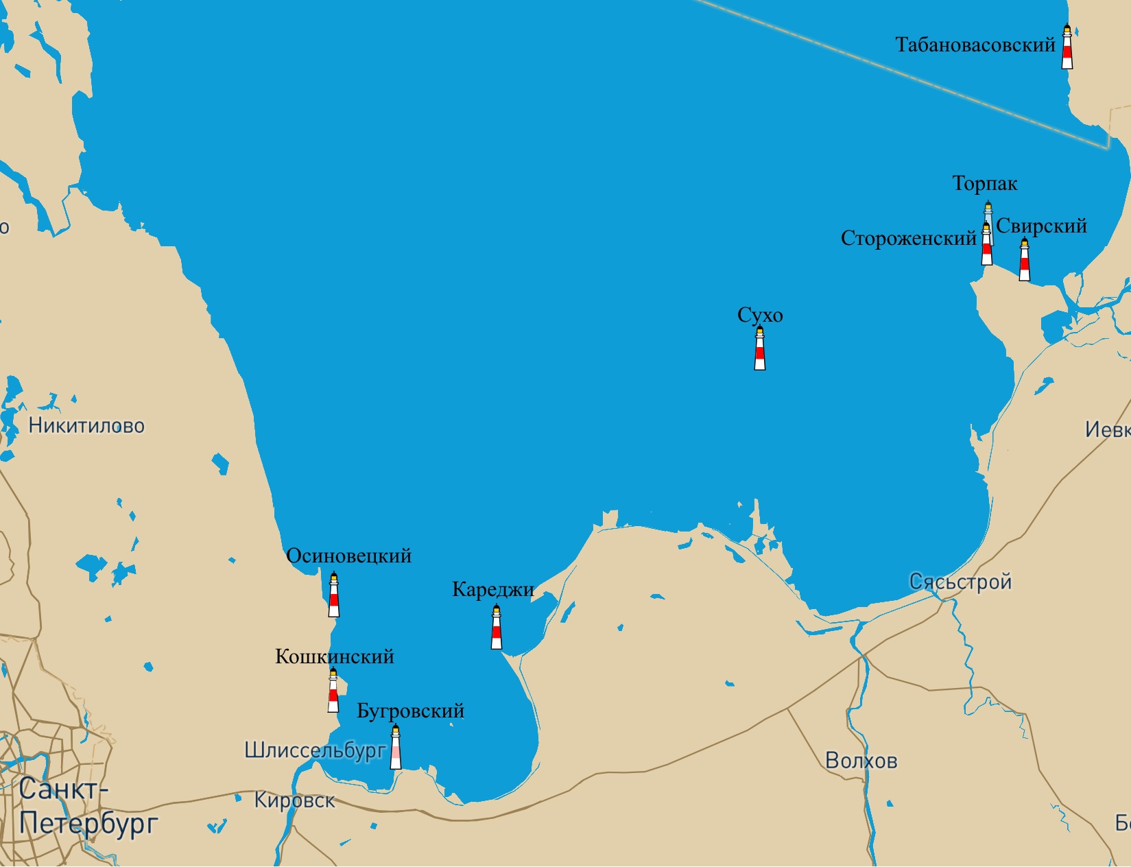 Схематичная карта месторасположения маяков южной части Ладожского озера