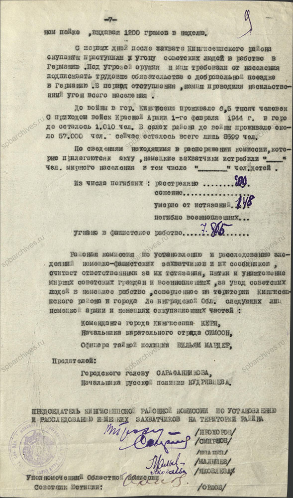 Акт комиссии по рассмотрению зверств и злодеяний, совершенных немецко-фашистскими захватчиками и их пособниками на территории Кингисеппского района (август 1941 г. – февраль 1944 г.). 10 октября 1944 г. ЦГА СПб. Ф. Р-9421. Оп. 1. Д. 105. Л. 9.