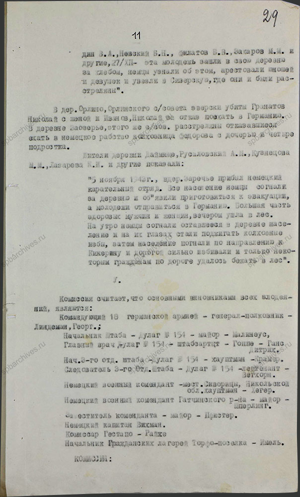 Акт о злодеяниях немецко-фашистских захватчиков на территории г. Гатчино и Гатчинского района в период их временной оккупации. 1944 г. ЦГАИПД СПб. Ф. Р-489Л. Оп. 3. Д. 44. Л. 29