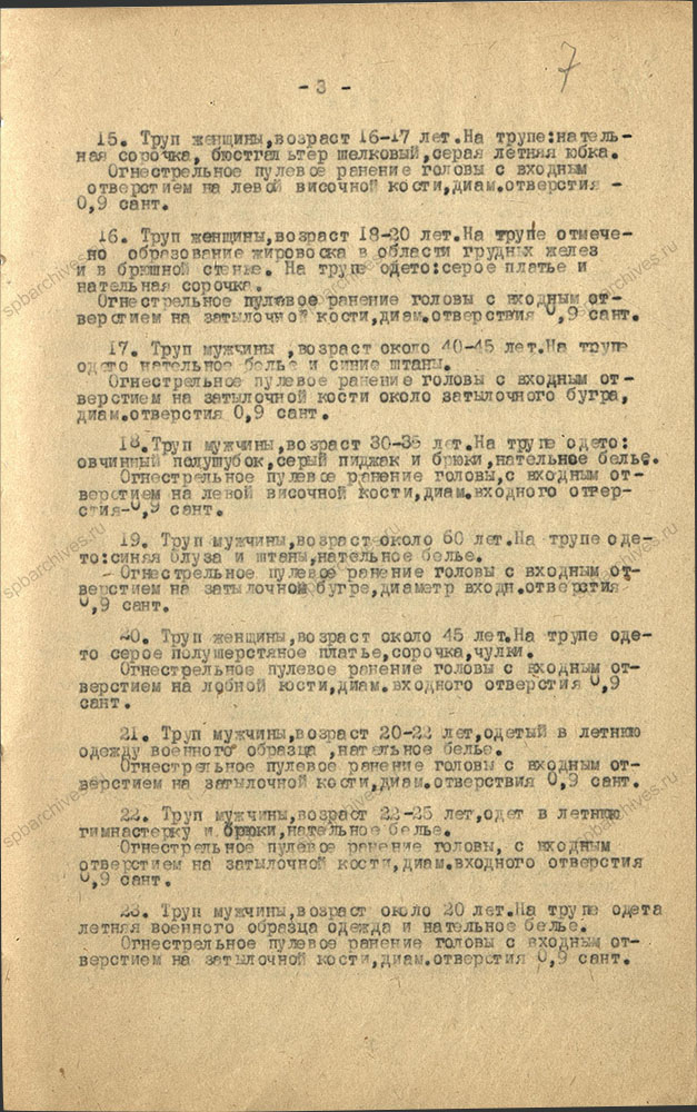 Акт о произведенном осмотре эксгумированных трупов советских граждан в г. Красное Село. 27 октября 1944 г. ЦГА СПб. Ф. Р-9421. Оп. 1. Д. 123. Л. 7.