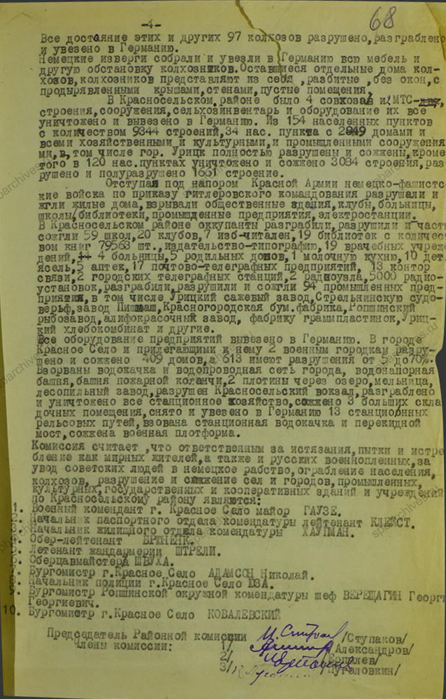 Акт о разрушениях, учиненных немецко-фашистскими захватчиками на территории Красносельского района. 1944 г. ЦГАИПД СПб. Ф. Р-1072Л. Оп. 9. Д. 14. Л. 68.