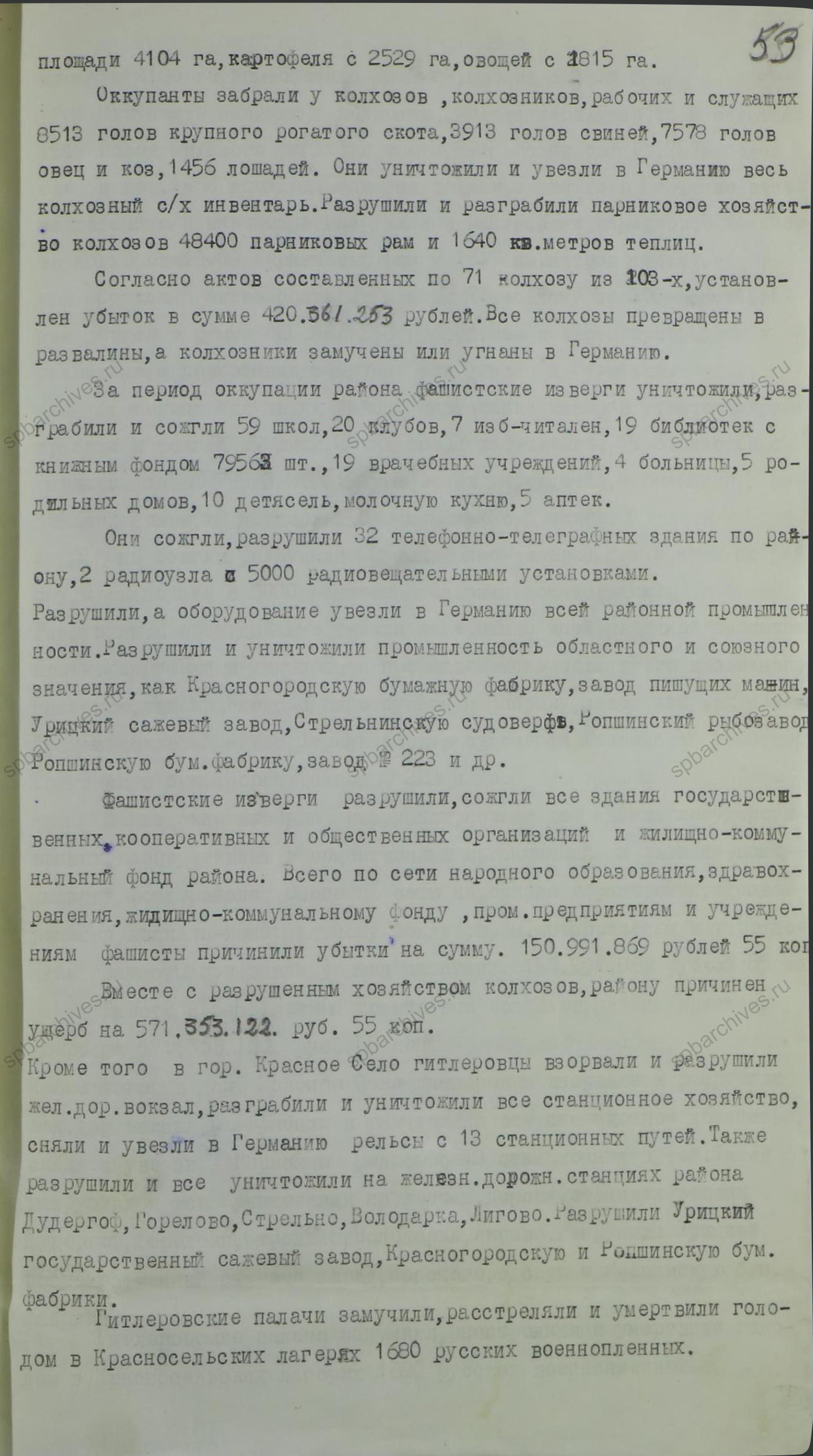 Акт об ущербе, причиненном немецко-фашистскими захватчиками Красносельскому району. 1944 г. ЦГАИПД СПб. Ф. Р-1072Л. Оп. 9. Д. 14. Л. 53.