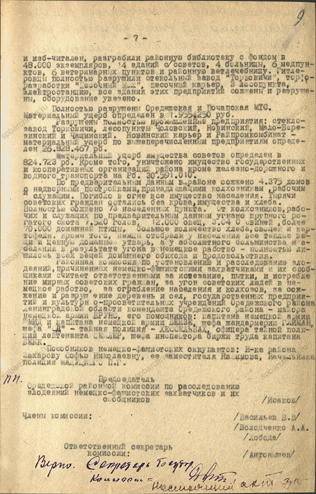 Акт о злодеяниях немецко-фашистских захватчиков и их сообщников в Оредежском районе. 19 декабря 1944 г. ЦГА СПб. Ф. Р-9421. Оп. 1. Д. 180. Л. 9.