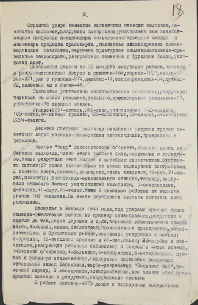 Акт о злодеяниях немецко-фашистских захватчиков и их сообщников в Оредежском районе. 1944 г. ЦГАИПД СПб. Ф. Р-1510Л. Оп. 3. Д. 9. Л. 18.