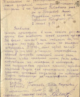 Заявление А.В. Петровой в комиссию по расследованию немецко-фашистских злодеяний. 20 октября 1944 г. ЦГА СПб. Ф. Р-9421. Оп. 1. Д. 198. Л. 16.