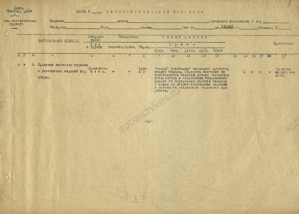 Из карты технологического процесса по изготовлению медали «За оборону Ленинграда». 1946 г. ЦГА СПб. Ф. 1516. Оп. 11. Д. 449. Л. 3