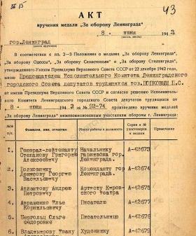 Акт вручения медали «За оборону Ленинграда» деятелям культуры О. Ф. Берггольц, И. А. Владимирову, А. Г. Голубевой, С. А. Евлахову, В. М. Инбер и другим. 8 июня 1943 г. ЦГА СПб. Ф. 7384. Оп. 38. Д. 909. Л. 43.