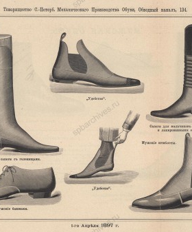 Образцы мужской (и для мальчиков) обуви — из каталога обуви, выпускаемой Товариществом Санкт-Петербургского механического производства обуви. 1 апреля 1897 г. ЦГИА СПб. Ф. 1221. Оп. 1. Д. 5. Л. 14