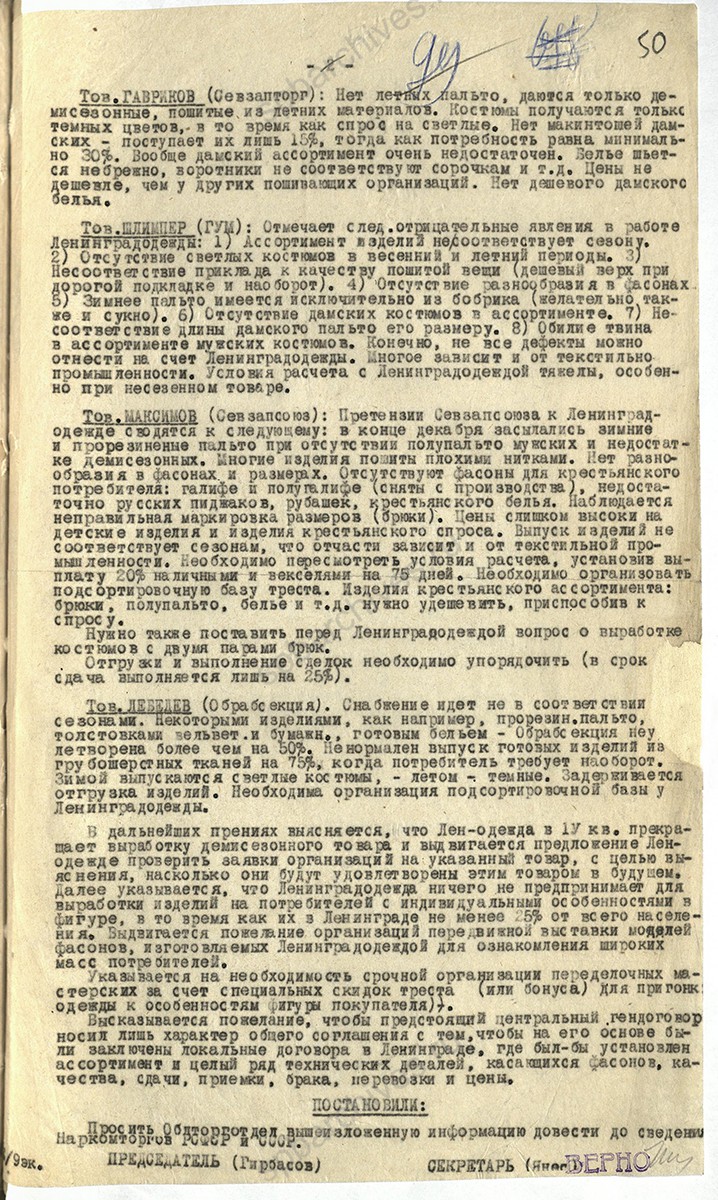 Протокольное совещание при Ленинградском областном торговом отделе по вопросу о претензиях торгующих организаций к тресту «Ленинградодежда» в отношении ассортимента и качества. 7 июня 1929 г. ЦГА СПб Ф. 2279. Оп. 2. Д. 234. Л. 50
