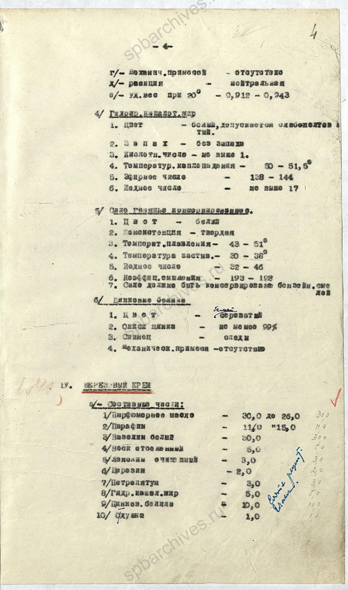 Рецептура на косметическую продукцию Ленинградской парфюмерной фабрики «Главпарфюмер». 1940-1941 гг. ЦГА СПб. Ф. 1222. Оп. 4. Д. 147. Л. 4