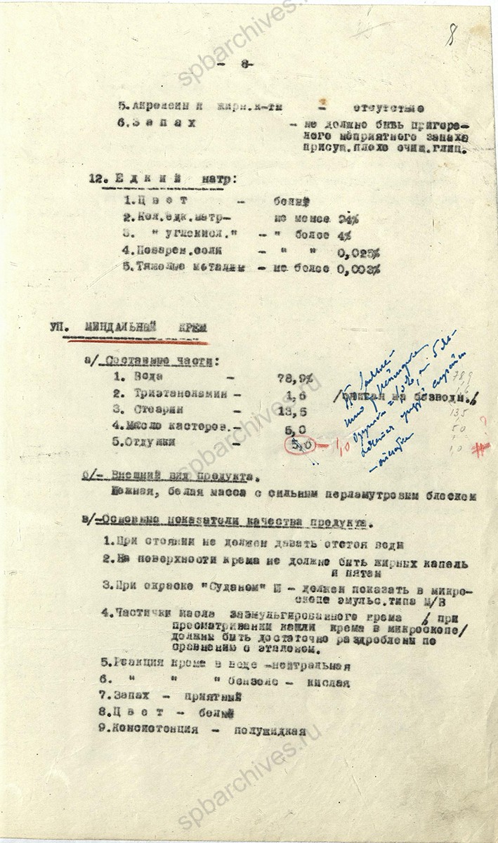 Рецептура на косметическую продукцию Ленинградской парфюмерной фабрики «Главпарфюмер». 1940-1941 гг. ЦГА СПб. Ф. 1222. Оп. 4. Д. 147. Л. 8