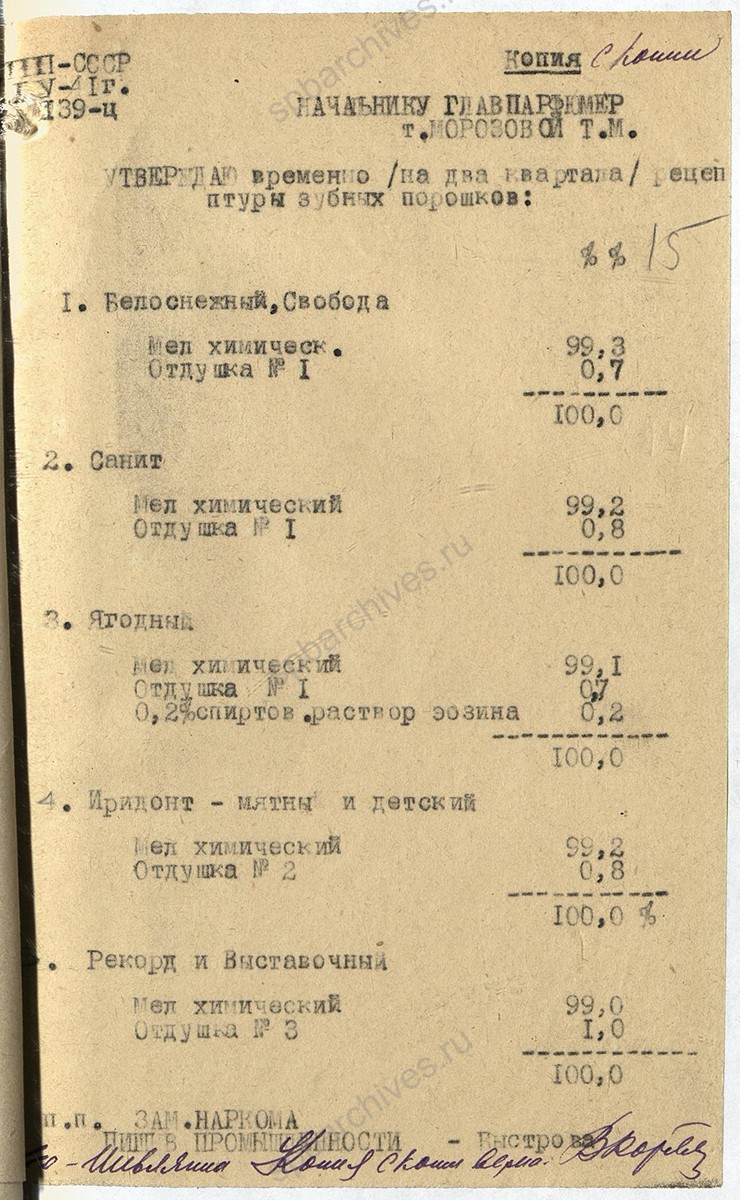 Рецептура на изделия фабрики «Главпарфюмер» на 1941 г. 7 апреля 1941 г. ЦГА СПб. Ф. 1222. Оп. 4. Д. 191. Л. 15