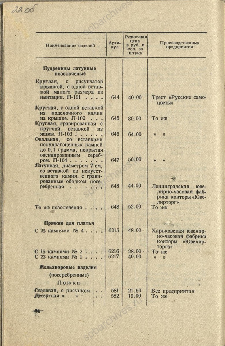 Прейскурант цен на ювелирные изделия. 1948 г. ЦГА СПб. Ф. 9371. Оп. 9. Д. 27. Л. 17об. — 22об.