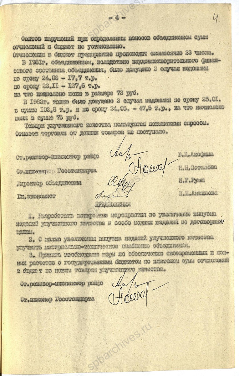 Акт проверки производственного швейного объединения «Первомайская заря» о выпуске опытных партий товара и особо модных изделий. 19 августа 1982 г. ЦГА СПб. Ф. 1853. Оп. 59. Д. 1105. Л. 4