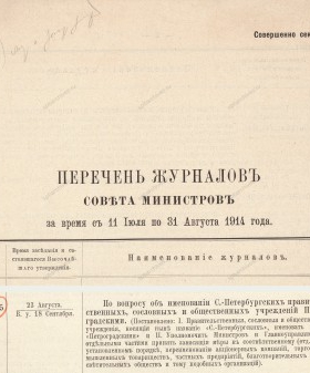 Постановление Совета Министров о переименовании петербургских учреждений в петроградские. 23 августа 1914 г. РГИА. Ф. 1276. Оп. 10. Д. 1271. Л. 1, 8об.