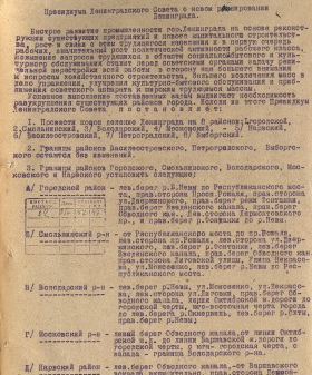 Постановление Президиума Ленсовета о введении нового административного деления Ленинграда. 8 мая 1930 г. ЦГА СПб. Ф. 1000. Оп. 66. Д. 81. Л. 218.