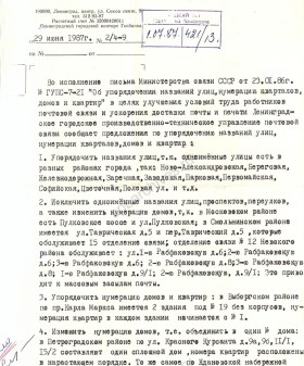 Письмо начальника Ленинградского почтамта в Ленгорисполком об упорядочении названий улиц и нумерации домов. 29 июня 1987 г. ЦГА СПб. Ф. 7384. Оп. 58. Д. 427. Л. 13.