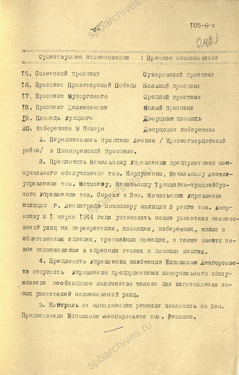 Решение Ленгорисполкома о восстановлении некоторых исторических названий. 13 января 1944 г. ЦГА СПб. Ф. 7384. Оп. 18. Д. 1521. Л. 242.