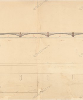 Чертеж общего вида Благовещенского моста — первого постоянного моста через Неву. 1842 г. РГИА. Ф. 1424. Оп. 4. Д. 599. Л. 1, 8.