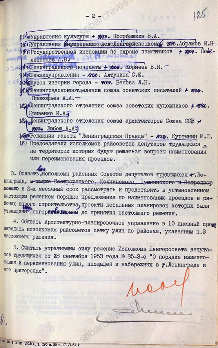 Решение Ленгорисполкома о порядке наименования, переименования и учета улиц и проездов. 10 июля 1961 г. ЦГА СПб. Ф. 7384. Оп. 41. Д. 67. Л. 125.