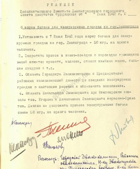 Решение Ленгорисполкома о норме багажа для эвакуируемых. 8 июня 1942 г. ЦГА СПб. Ф. 7384. Оп. 18. Д. 1460. Л. 82.
                                                                                                                    