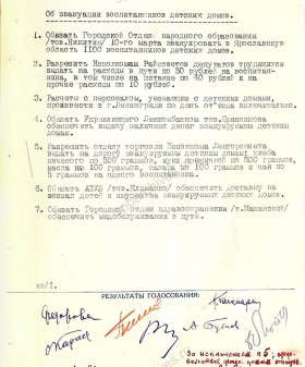 Решение Ленгорисполкома об эвакуации воспитанников детских домов. 8 марта 1943 г. ЦГА СПб. Ф. 7384. Оп. 18. Д. 1486. Л. 63.
                                                                                                                    