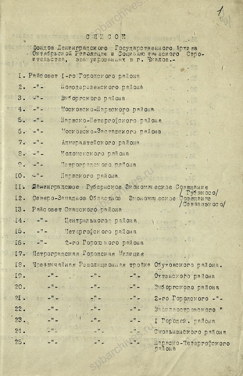 Из списка документов ГАОРСС ЛО, эвакуированных в г. Чкалов. 1943 г. ЦГА СПб. Ф. 892. Оп. 65-1. Д. 203. Л.0, 1.
                                                                                                                    