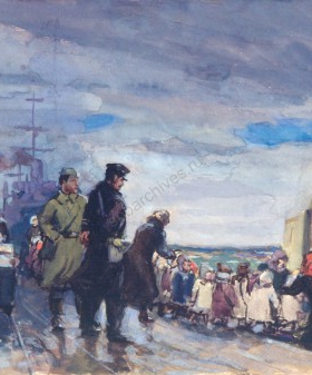 С.С. Бойм. Эвакуация детей на Ладоге. Акварель. 1942 г. Государственный музей истории Санкт-Петербурга. КП 101158.
                                                                                                                    