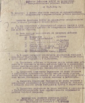 Постановление комиссии Ленобкома ВКП (б) о работе областных театров по художественному обслуживанию районов области. 19 февраля 1942 г. ЦГА СПб. Ф. 7179. Оп. 11-1. Д. 1118. Л. 21.
                                                                                                                    