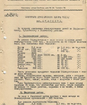 Докладная записка о снабжении эвакуированных детей по Парфеньевскому, Чухломскому и Галичскому районам. 12 августа 1941 г. ЦДНИ ГАЯО. Ф. 272. Оп. 224. Д. 313. Л. 26−28.
                                                                                                                    