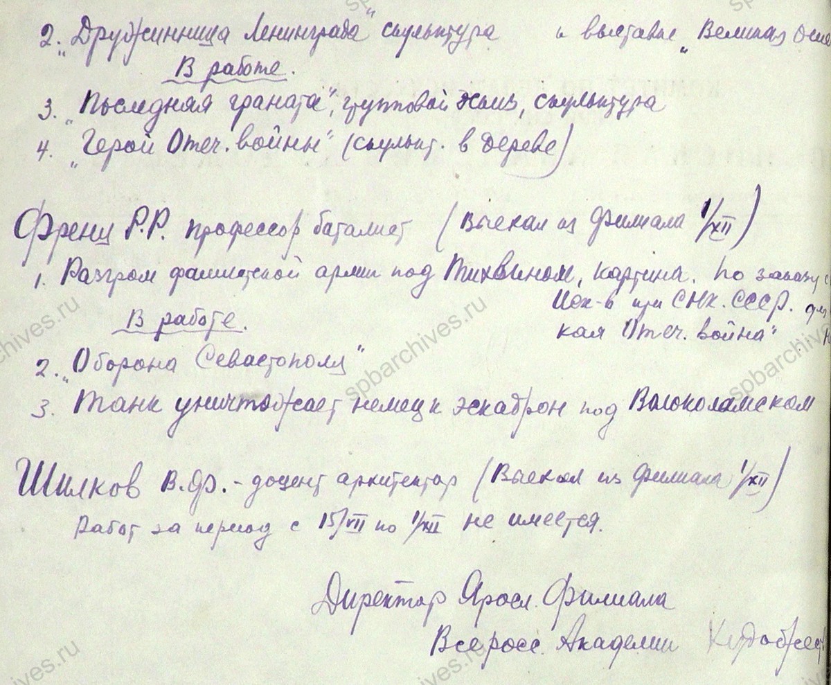 Перечень научно-творческих работников Ярославского филиала Академии художеств. 1942 г. ГАЯО. Ф. 2380. Оп. 3. Д. 177. Л. 104, 104об, 105, 105об.