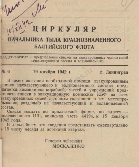 Циркуляр начальника тыла Краснознаменного Балтийского флота от 29 ноября 1942 г. № 6. О предоставлении списков на эвакуированных членов семей начальствующего состава и вольнонаемных. Филиал ЦА МО (архив ВМФ, г. Гатчина). Ф. 203. Оп. 2. Д. 145. Л. 8, 8 об.
                                                            