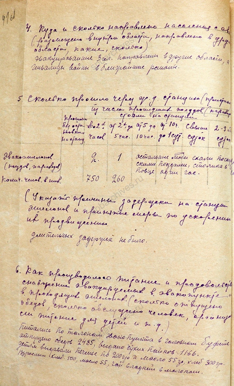 Отчет за январь 1943 г. о работе Череповецкого эвакопункта. 5 февраля 1943 г. ЧЦХД. Ф. 1079. Оп. 1. Д. 29. Л. 41 — 42об.